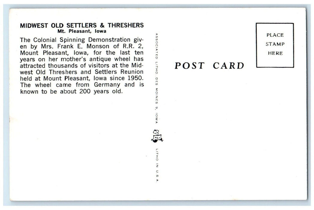 Midwest Old Settlers Threshers Mt. Pleasant Iowa IA, Colonial Spinning Postcard