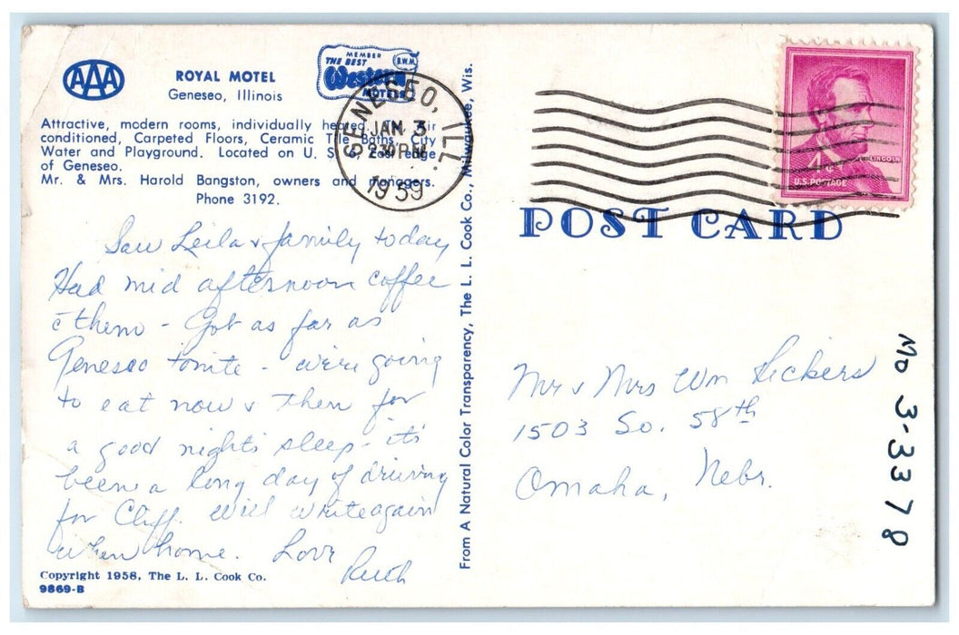 1959 Royal Motel Modern Rooms Geneseo Illinois IL Posted Vintage Postcard