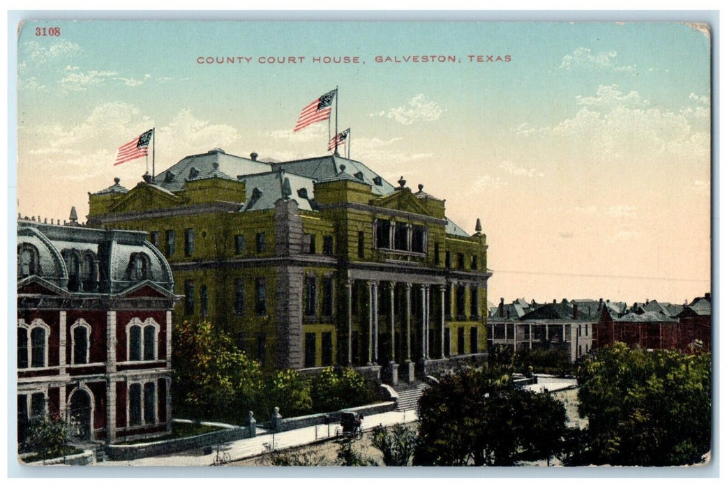 c1910 Birds Eye View County Court House Galveston Texas Antique Vintage Postcard