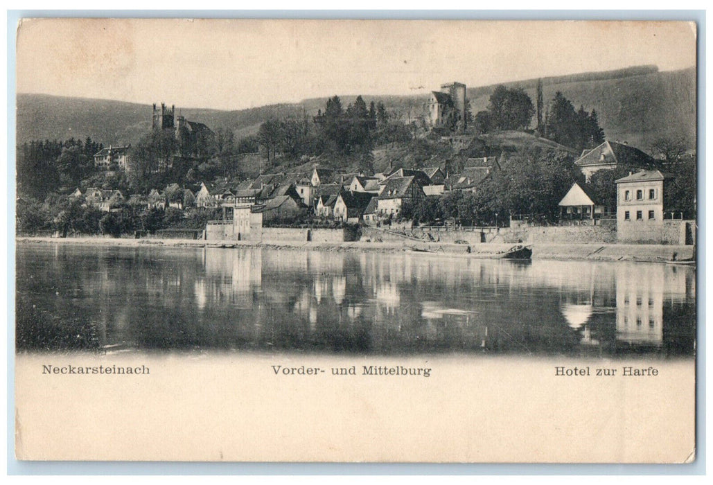 c1905 Hotel to the harp Neckarsteinach Vorder and Mittelburg Germany Postcard