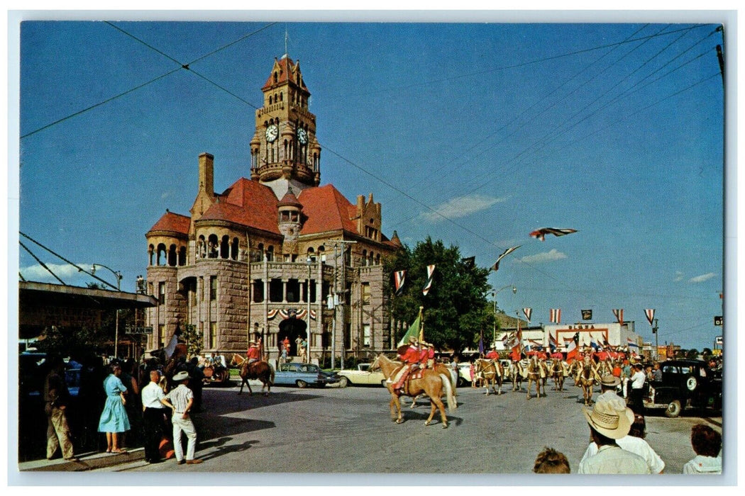 c1960 Court House Sheriffs Posse Rodeo Parade Public Square Decatur TX Postcard