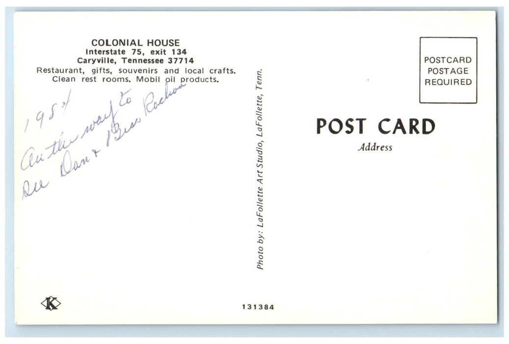c1960 Colonial House Interstate Parking Lot Caryville Tennessee Vintage Postcard