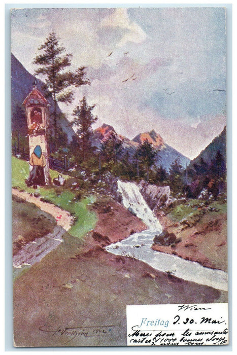 1902 Water Falls Tower Pathway Freitag Vienna Austria Antique Posted Postcard
