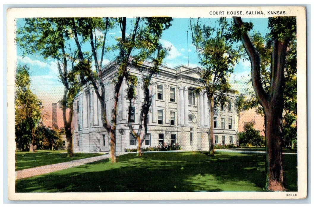 c1920  Exterior View Court House Building Trees Garden Salina Kansas KS Postcard