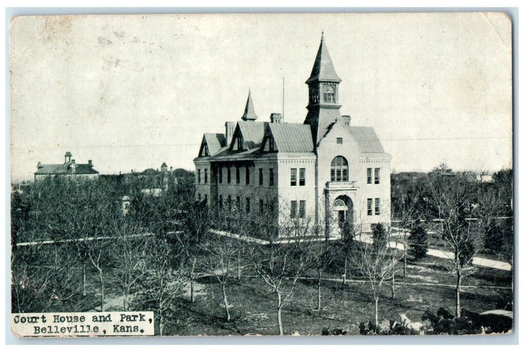 1909 Bird's Eye View Court House Building Trees Park Belleville Kansas Postcard