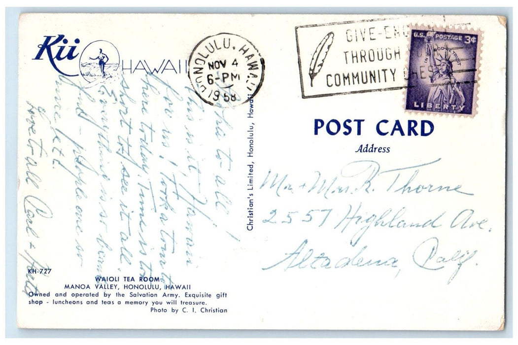 1958 View Of Waioli Tea Room Manoa Valley Honolulu Hawaii HI Vintage Postcard