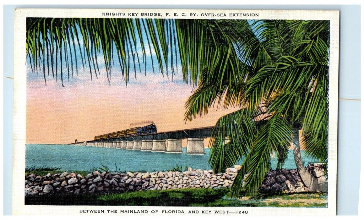 c1930s Knights Key Bridge F E C RY Over Sea Extension Florida FL, Train Postcard