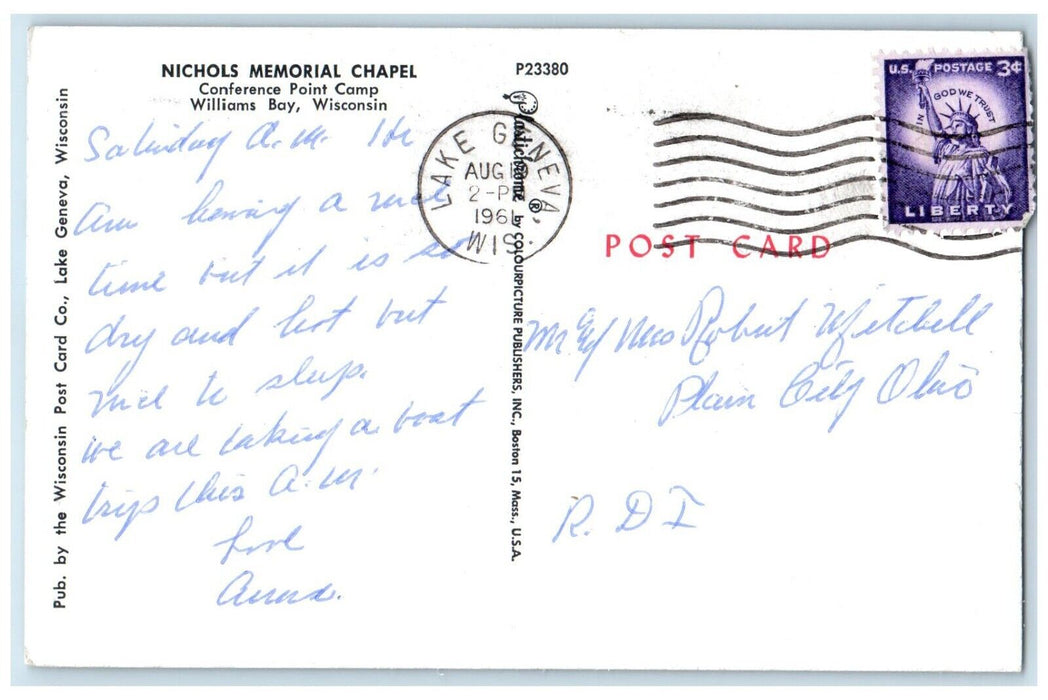 1961 Nichols Memorial Chapel Conference Point Camp Williams Bay Posted Postcard