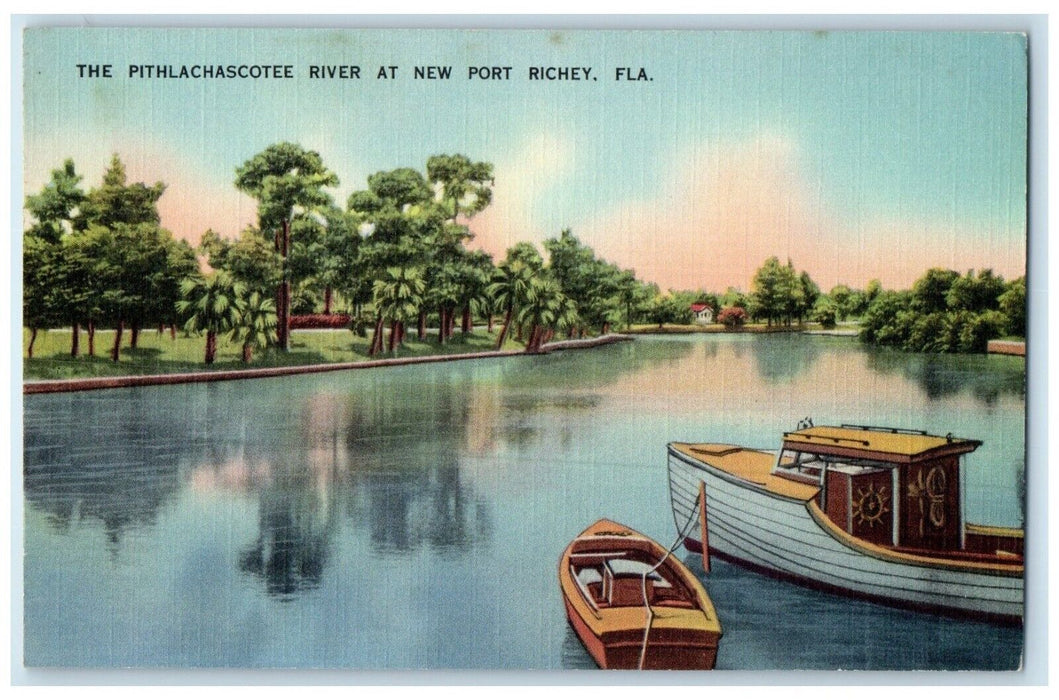 c1930's The Pithlachascotee River At New Port Richey Florida FL, Boat Postcard