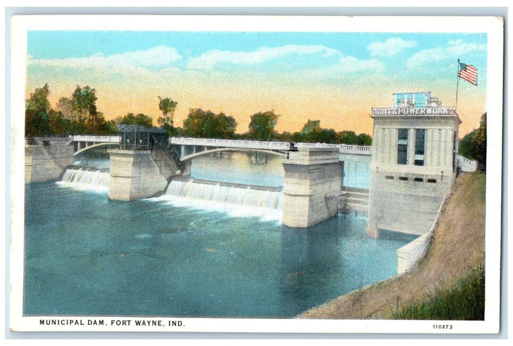 c1930's Municipal Dam Fort Wayne Indiana IN, Power Works Waterfalls Postcard