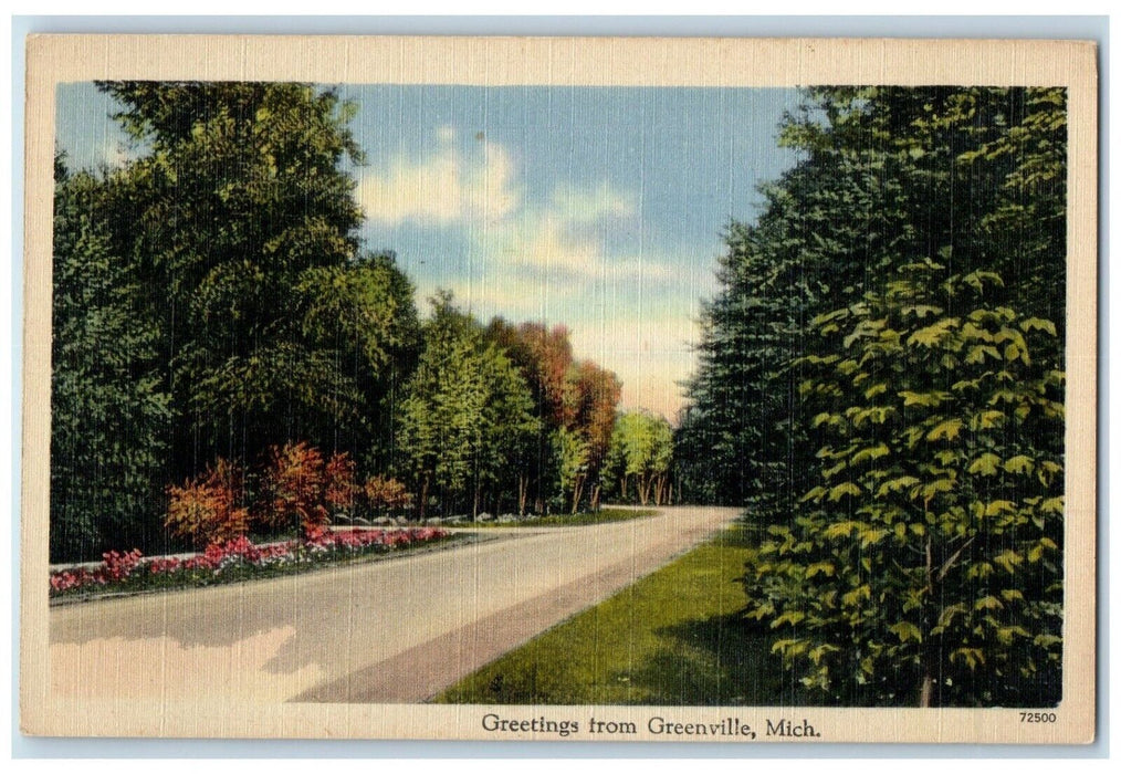 c1940 Greetings From Greensville Michigan MI Road Trees Vintage Antique Postcard