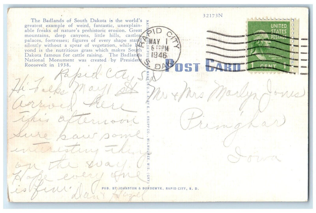 1946 Entering Cedar Pass Badlands National Monument South Dakota SD Postcard