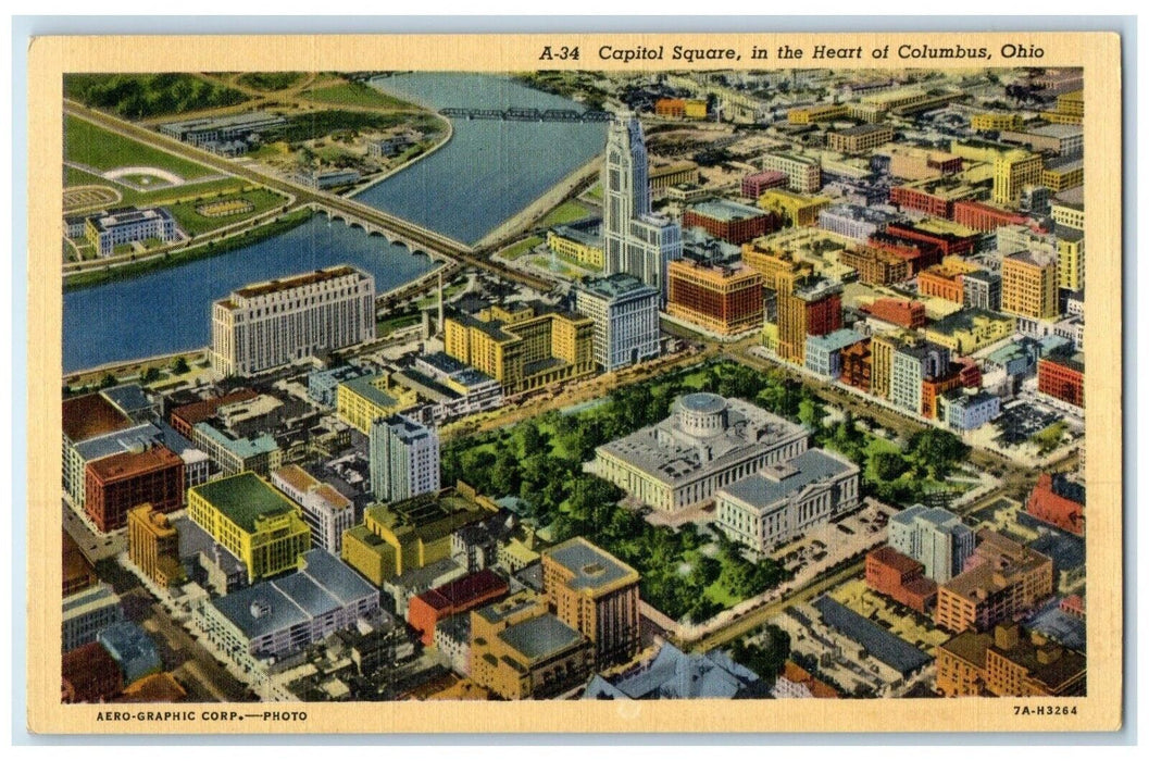 1943 Aerial View Of Capitol Square In The Heart Of Columbus Ohio OH Postcard