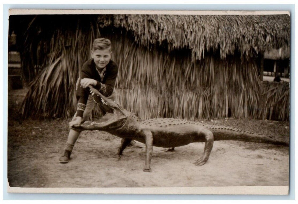 1938 Boy Child Alligator Musa Isle Miami Florida FL RPPC Photo Postcard