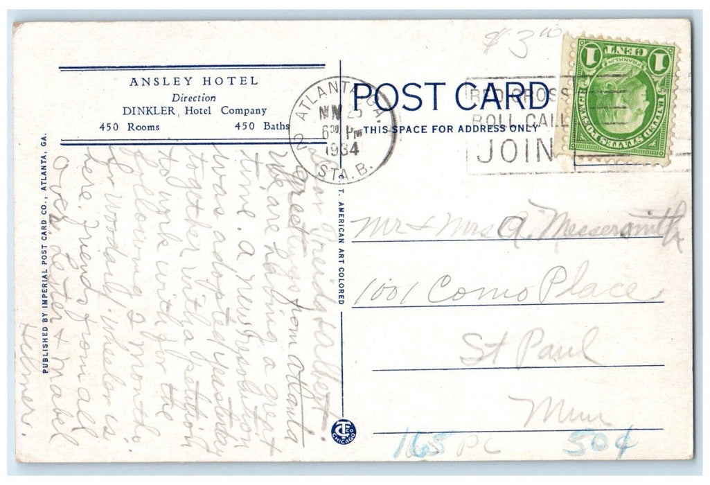 1934 Hotel Ansley Building Trolley Cars Street View Atlanta Georgia GA Postcard