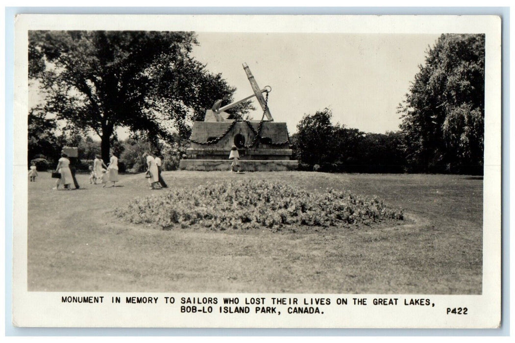 1950 Monument In Memory Sailors Bob Lo Island Park Canada RPPC Photo Postcard