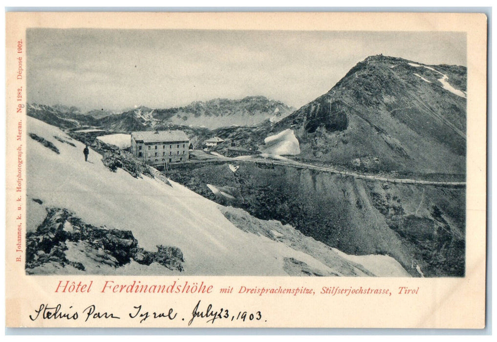 c1905 Hotel Ferdinand Trilingual top of Stelvio Pass Road Tyrol Italy Postcard
