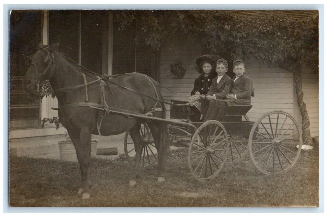 c1910's Children Riding Pony Horse Wagon RPPC Photo Unposted Antique Postcard
