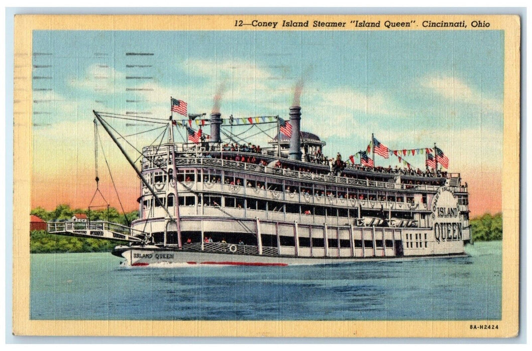 1945 Coney Island Steamer Island Queen Ship Exterior Cincinnati Ohio OH Postcard