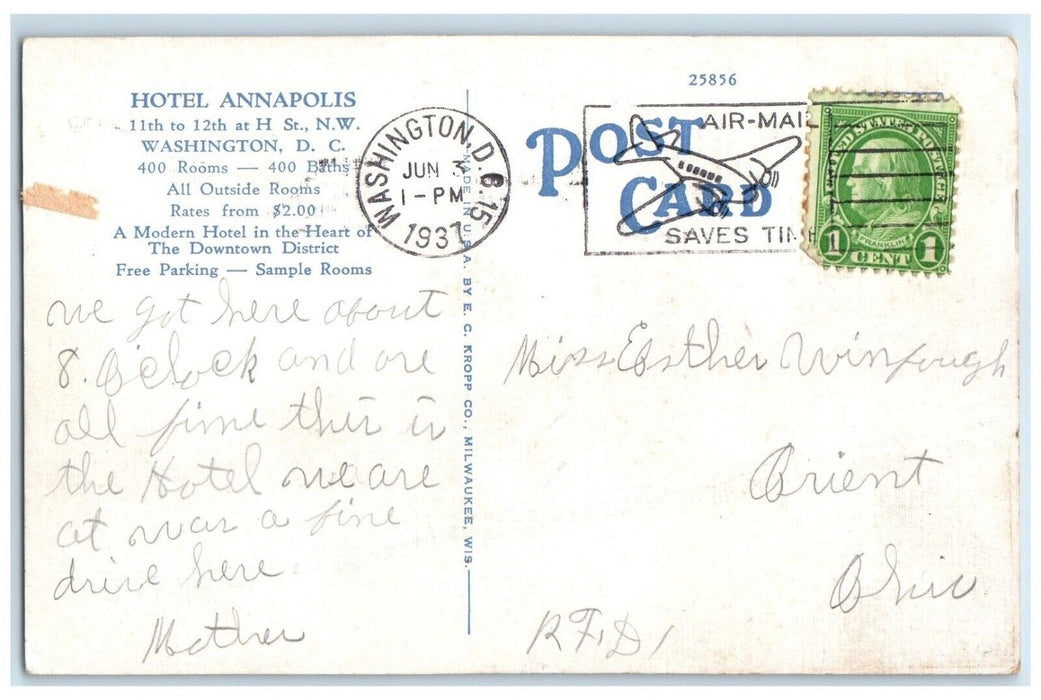 1937 Hotel Annapolis Building Street View Washington DC Posted Vintage Postcard