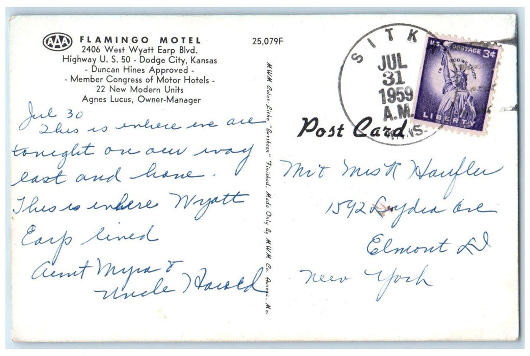 1959 Flamingo Motel Roadside View Dodge City Kansas KS Posted Vintage Postcard