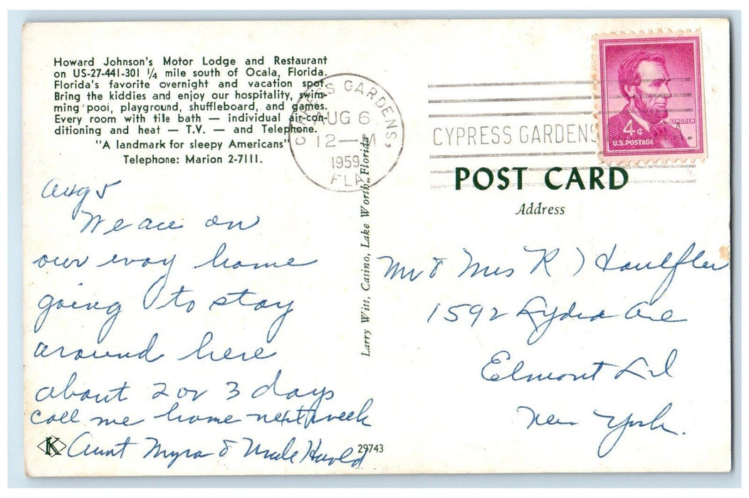 1959 Howard Johnson's Motor Lodge And Restaurant Ocala FL Multiview Postcard
