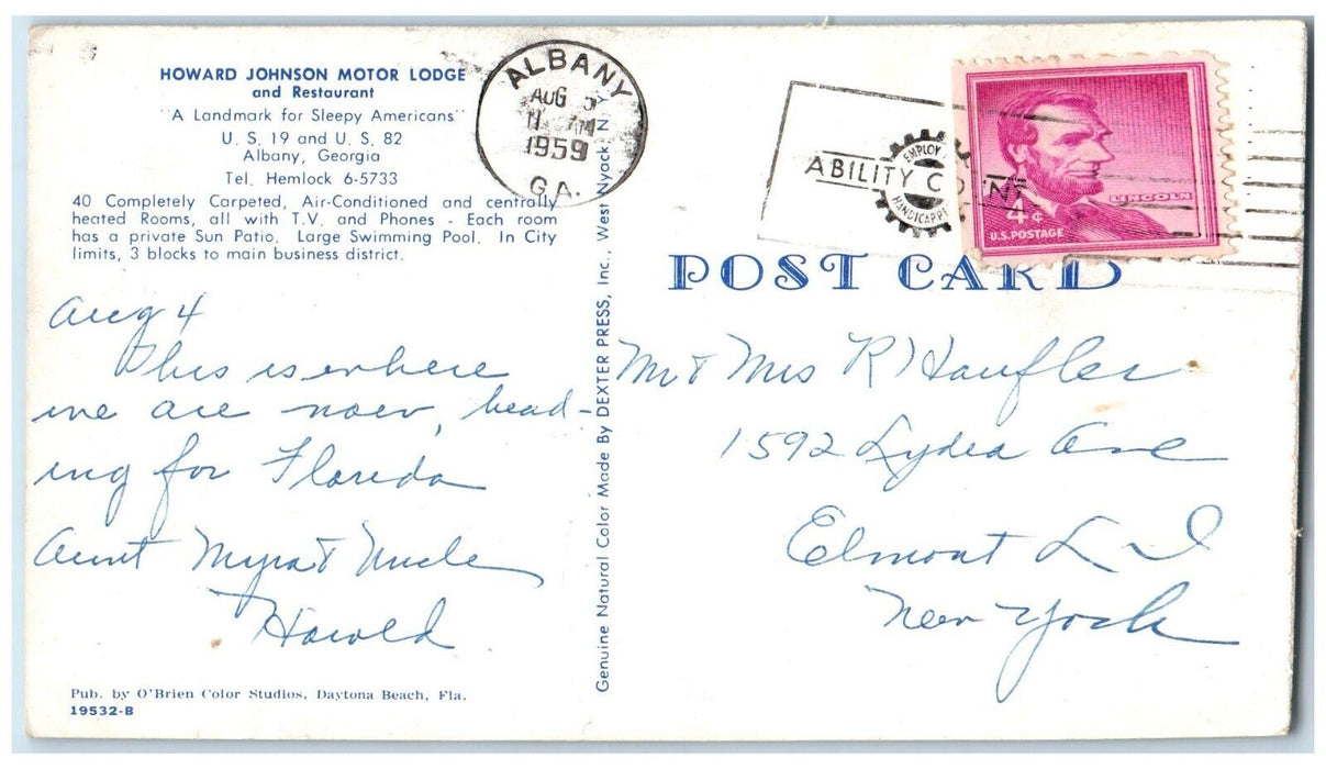 1959 Howard Johnson's Motor Lodge And Restaurant Car Albany Georgia GA Postcard