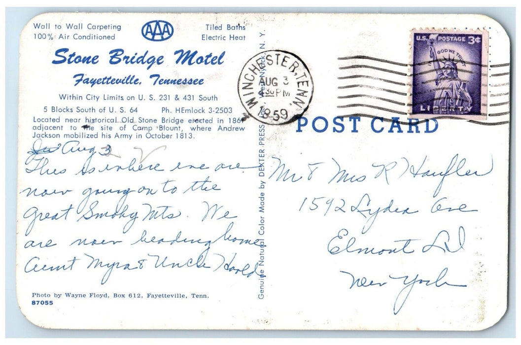 1959 Stone Bridge Motel Roadside Fayetteville Tennessee TN Vintage Postcard