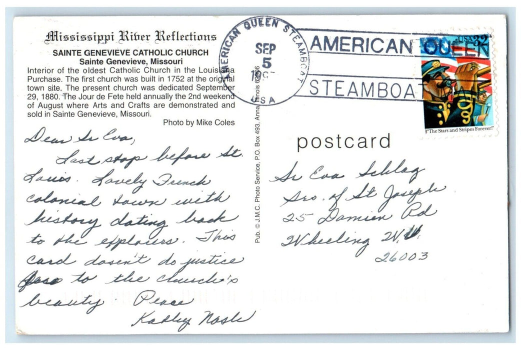 1997 Mississippi River Reflections Sainte Genevieve Catholic Church MO Postcard