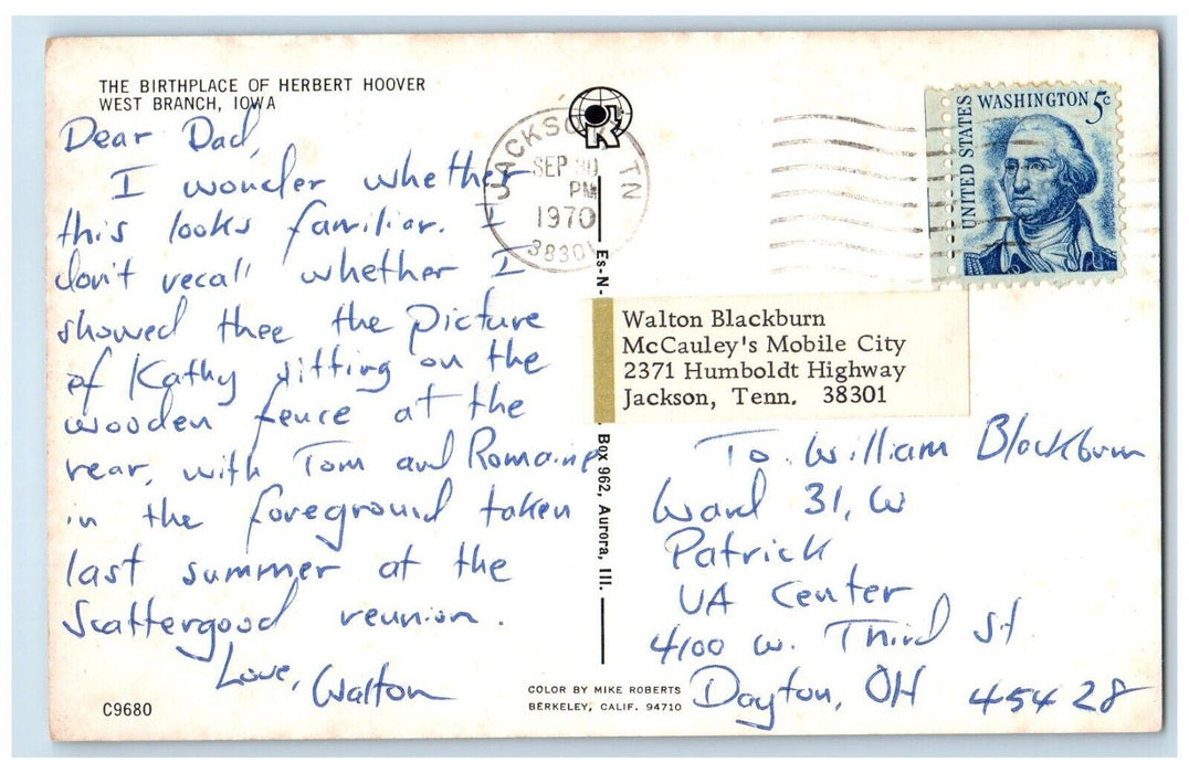 1970 Birthplace Herbert Hoover West Branch Iowa IA Jackson Tennessee TN Postcard