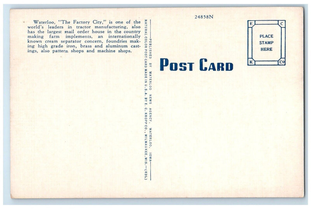 c1940 Aerial View John Deere Tractor Company Waterloo Iowa IA Unposted Postcard