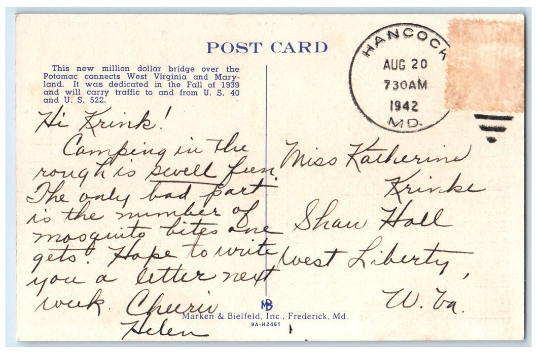 1942 Hancock Bridge Potomac River Connecting Hancock Maryland Vintage Postcard