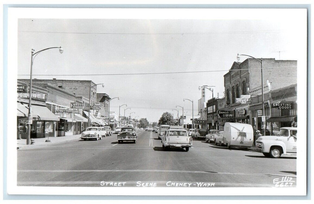 c1950's Street Scene Tavern Drug Store Cheney Washington WA  RPPC Photo Postcard