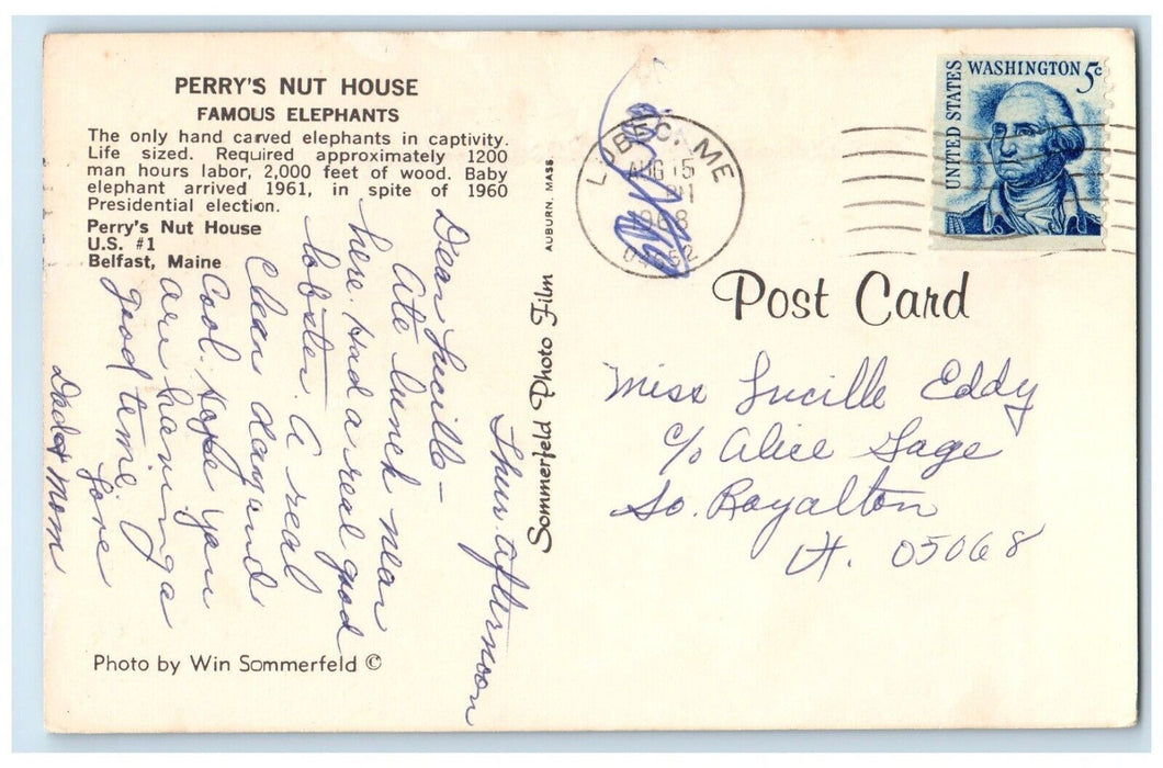 1968 Perry's Nut House Famous Elephants Exterior Statue Belfast Maine Postcard