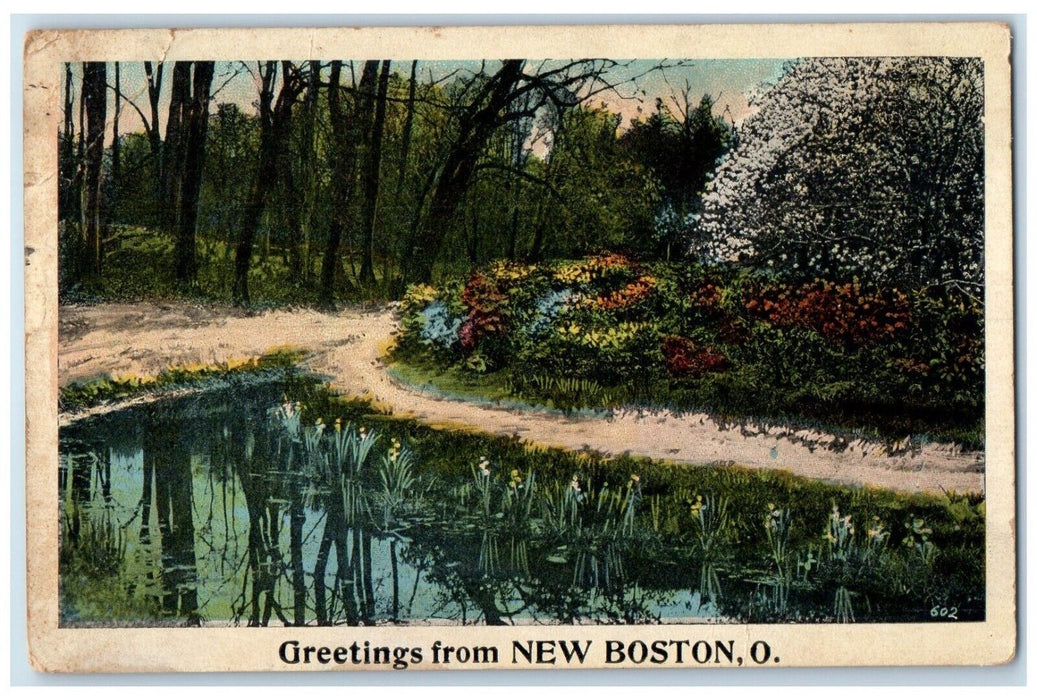 1919 Greetings From River Lake Flower Trees New Boston Ohio OH Vintage Postcard