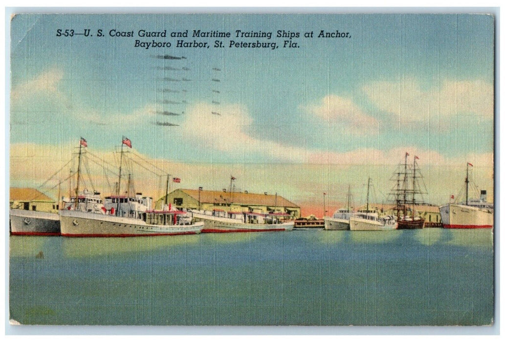 1935 Coast Guard Maritime Training Ships Anchor St. Petersburg Florida Postcard