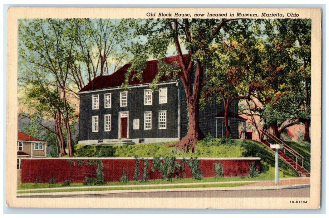 c1940 Old Block House Incased Museum Exterior Building Marietta Ohio OH Postcard