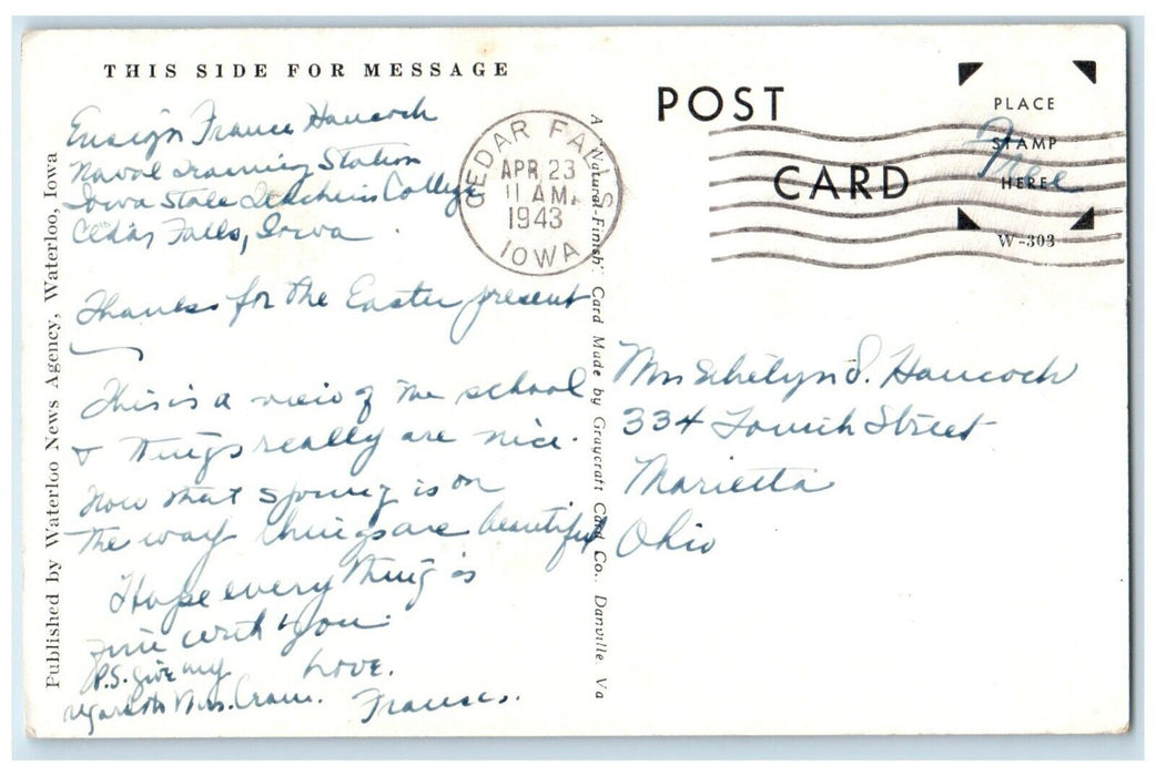 1943 Iowa State Teachers College Exterior Building Cedar Falls Iowa IA Postcard