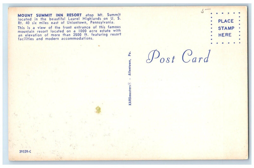 1960 Mount Summit Inn Resort Laurel Highlands Uniontown Pennsylvania PA Postcard