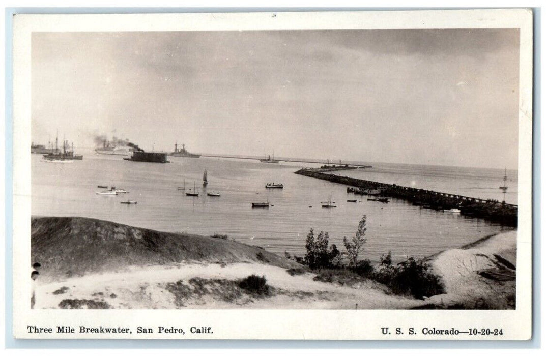 1924 USS Colorado US Navy Three Mile Breakwater San Pedro CA RPPC Photo Postcard