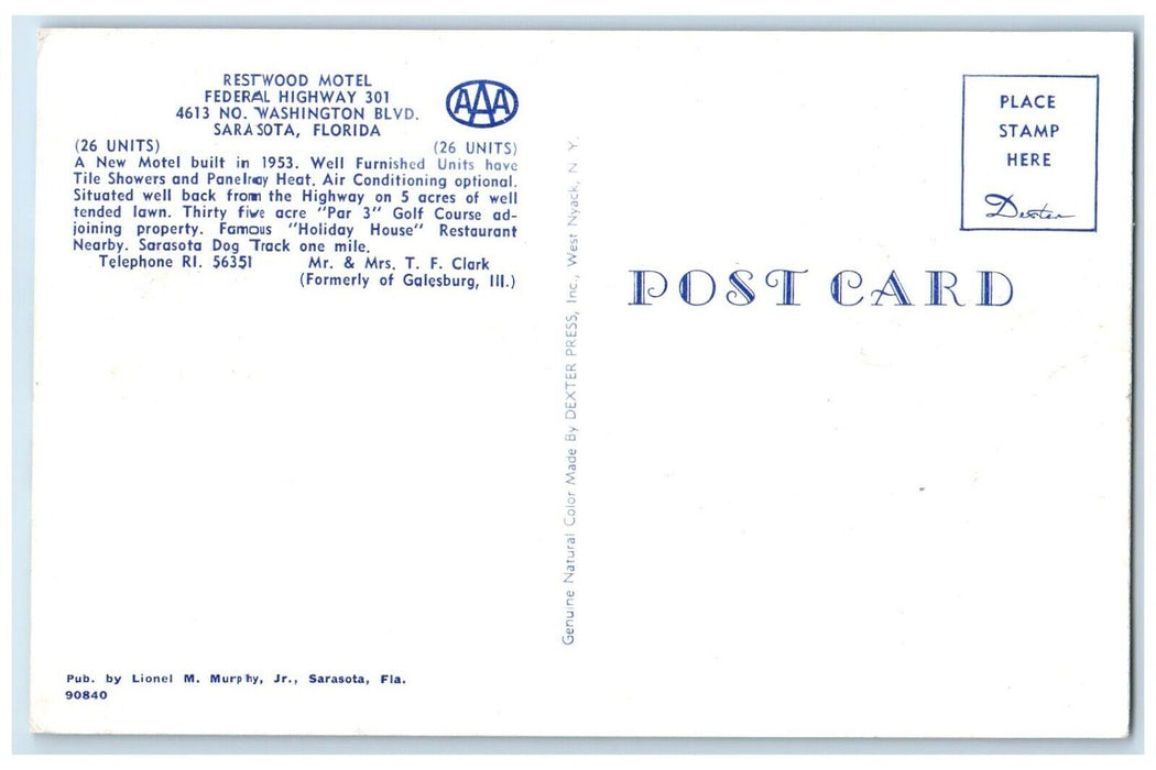 c1960's Restwood Motel Car Federal Highway 301 Sarasota Florida FL Postcard