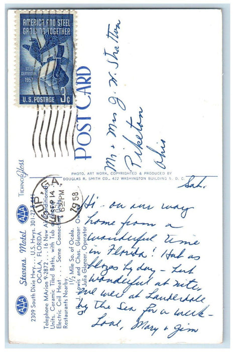 1958 Stevens Motel Roadside View 2309 South Dixie Hwy Ocala Florida FL Postcard