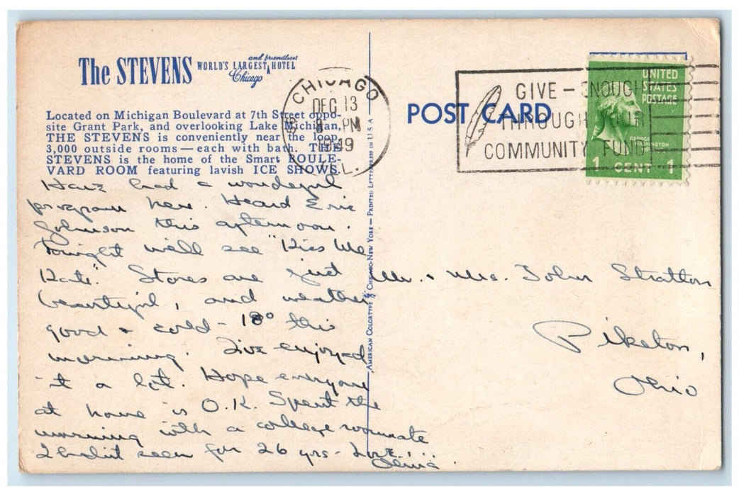 1949 The Stevens Hilton Hotel Chicago Illinois IL Water Fountain Scene Postcard