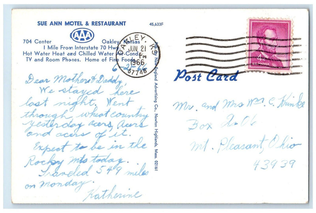 1966 Sue Ann Motel & Restaurant Roadside Oakley Kansas KS Vintage Postcard