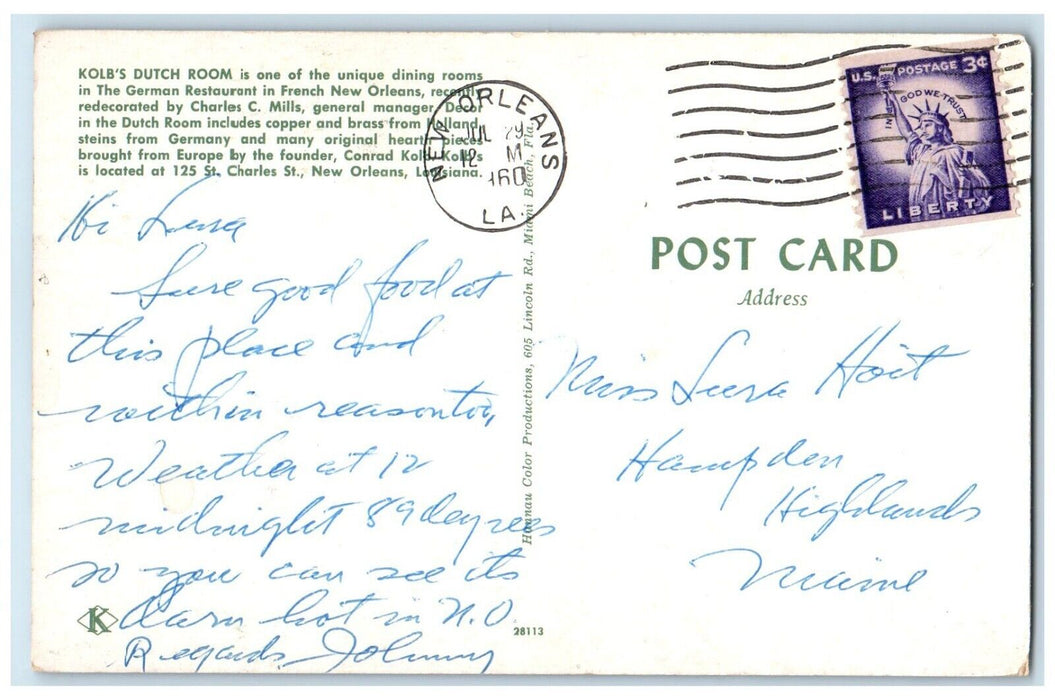 1960 Kolb's Dutch Room Dining Rooms German Restaurant New Orleans LA Postcard