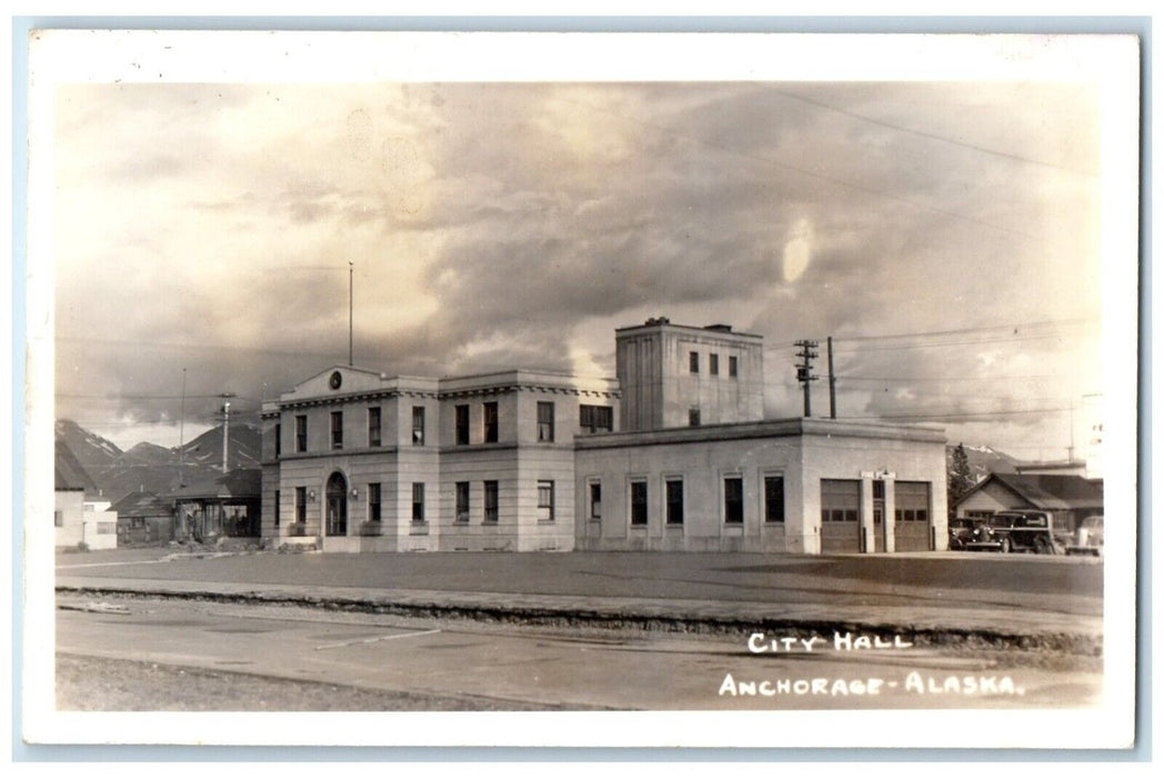 c1940's City Hall Building Scene Street Anchorage Alaska AK RPPC Photo Postcard