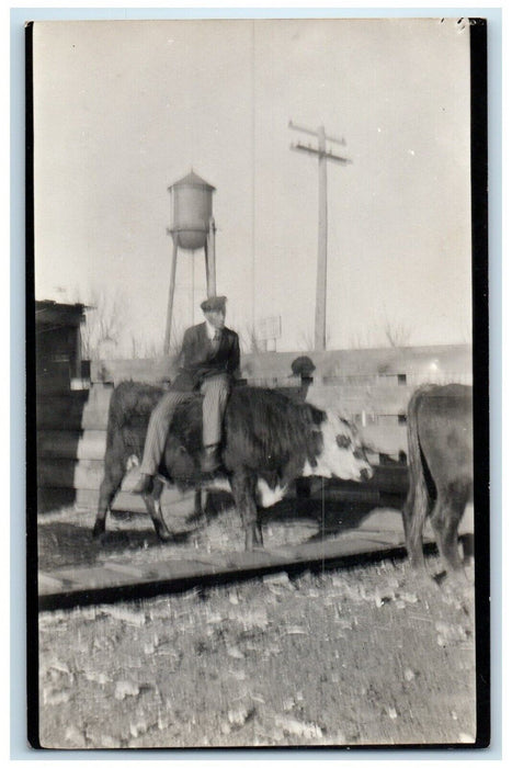 c1910's Man Riding Cow on Farm Cattle Livestock RPPC Photo Antique Postcard