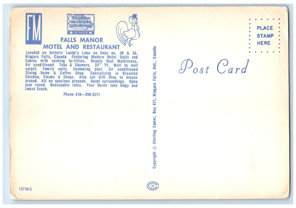 c1950's Falls Manor Motel & Restaurant Niagara Falls Canada Dual View Postcard