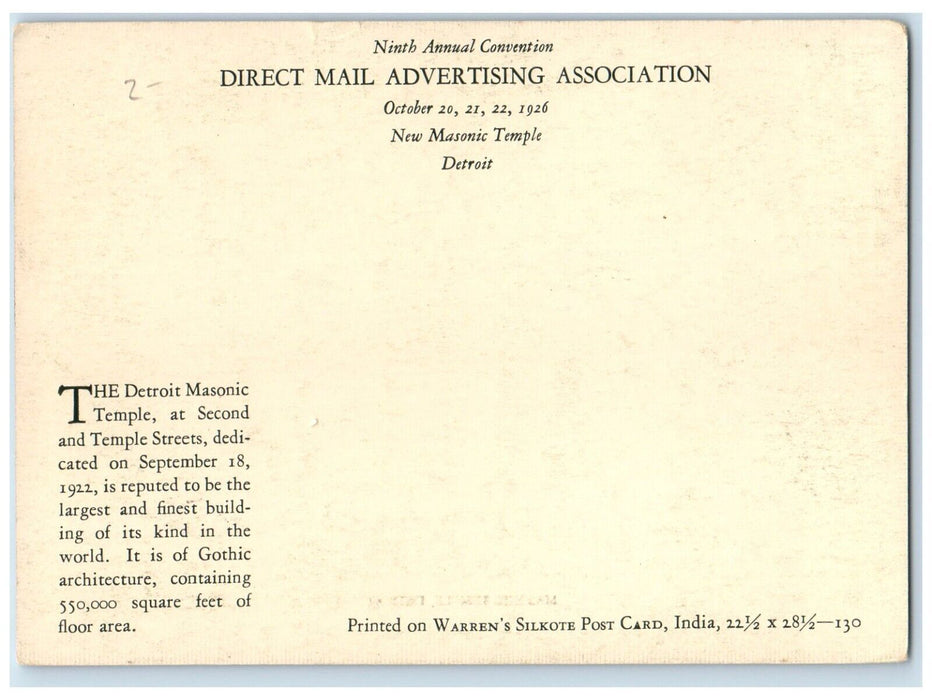 View Of Masonic Temple Building Detroit Michigan MI Unposted Vintage Postcard