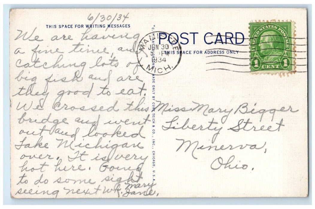 1934 Memorial Bridge Dedicated American Legion Lake Manistee Michigan Postcard